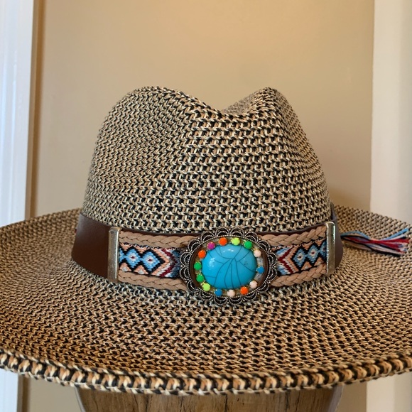 Cool Fashion Accessories - NWT COOL FASHION Brand Brown and tan adjustable hat w turquoise multi stone band